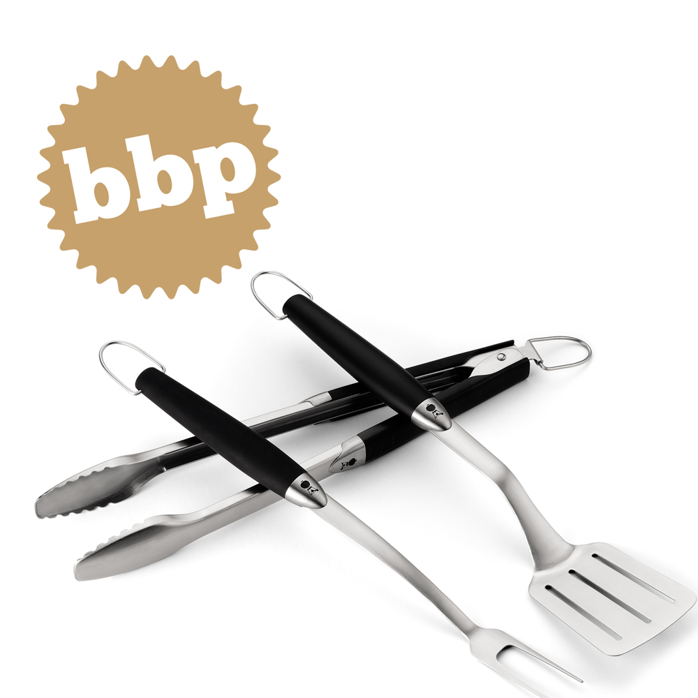 Set de 3 accesorios Weber espátula con pinza y tenedor de acero inox 